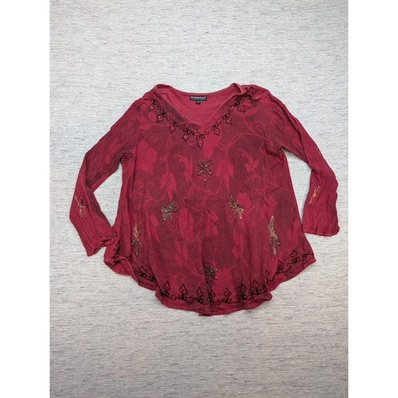 GreaterGood Shirt Womens L/XL Red Embroidered‎ Dragonfly Boho Top Rayon India - Picture 1 of 9